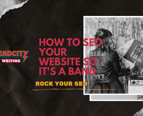How to seo your website banner featuring writer and band equipment
