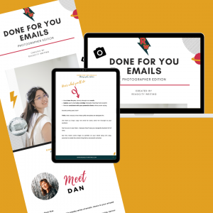 Spread of digital product email templates for photographers on computer and ipad screen with mustard background